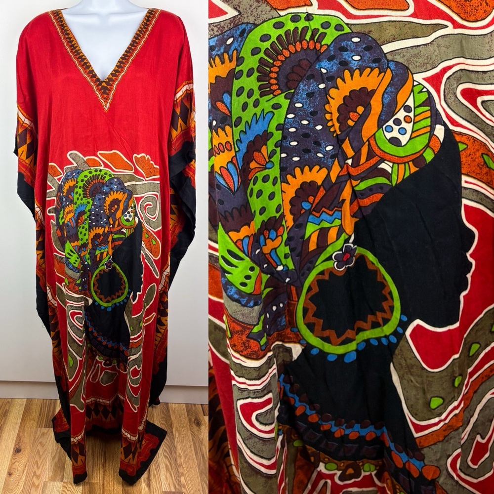 Vintage African Woman Dashiki Kaftan Caftan Gele Headwrap Maxi Dress Rayon Red